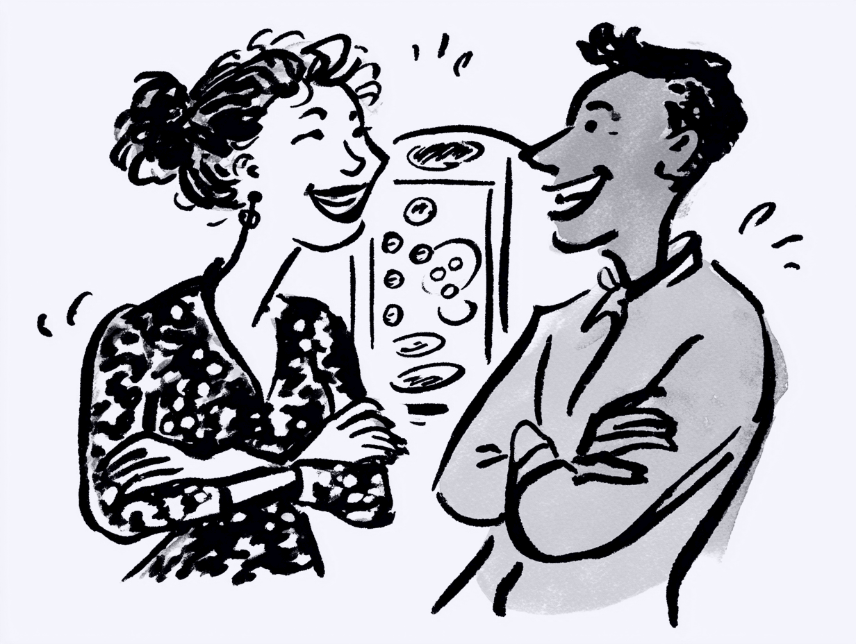 two characters chatting arms folded